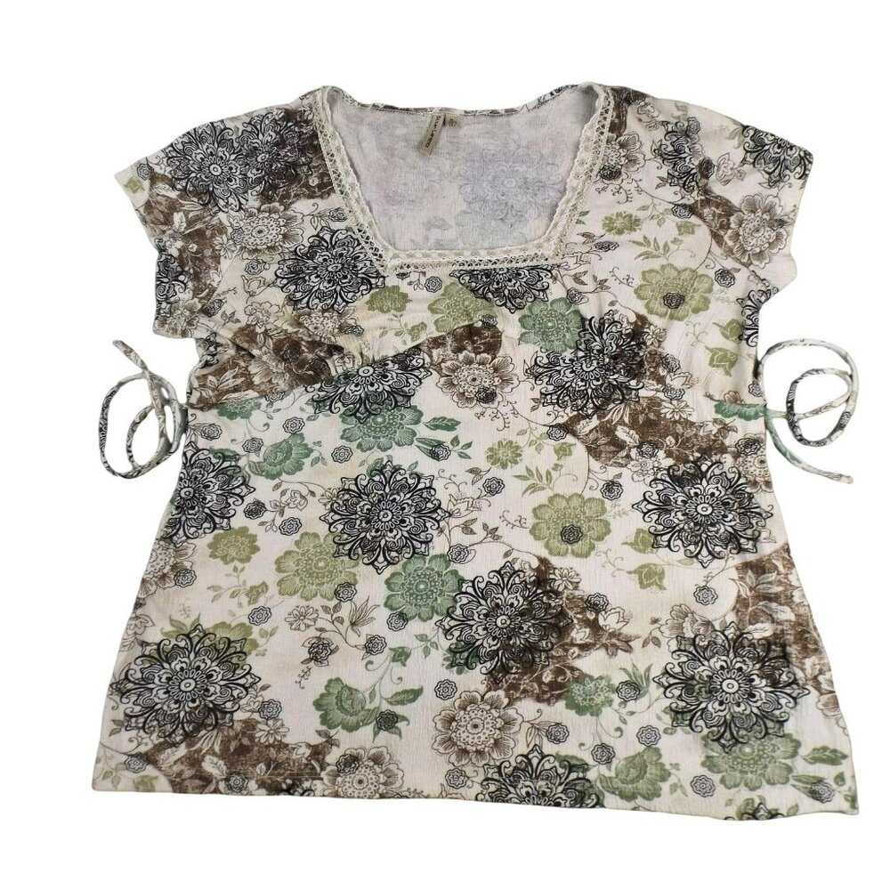 Susan Lawrence Woman's Top with Waist Ties Beige Green Floral Print XL  JH962